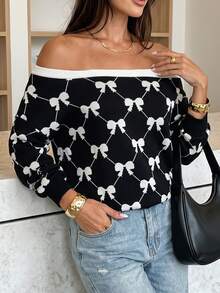 Cévolie Women's Loose Cold Shoulder Colorblock Bow Print Sweatshirt, Minimalist Fashion Versatile French Elegant Long Sleeve Sweatshirt, Suitable For Daily Wear, Walking And Other Occasions - Black and White - View 3