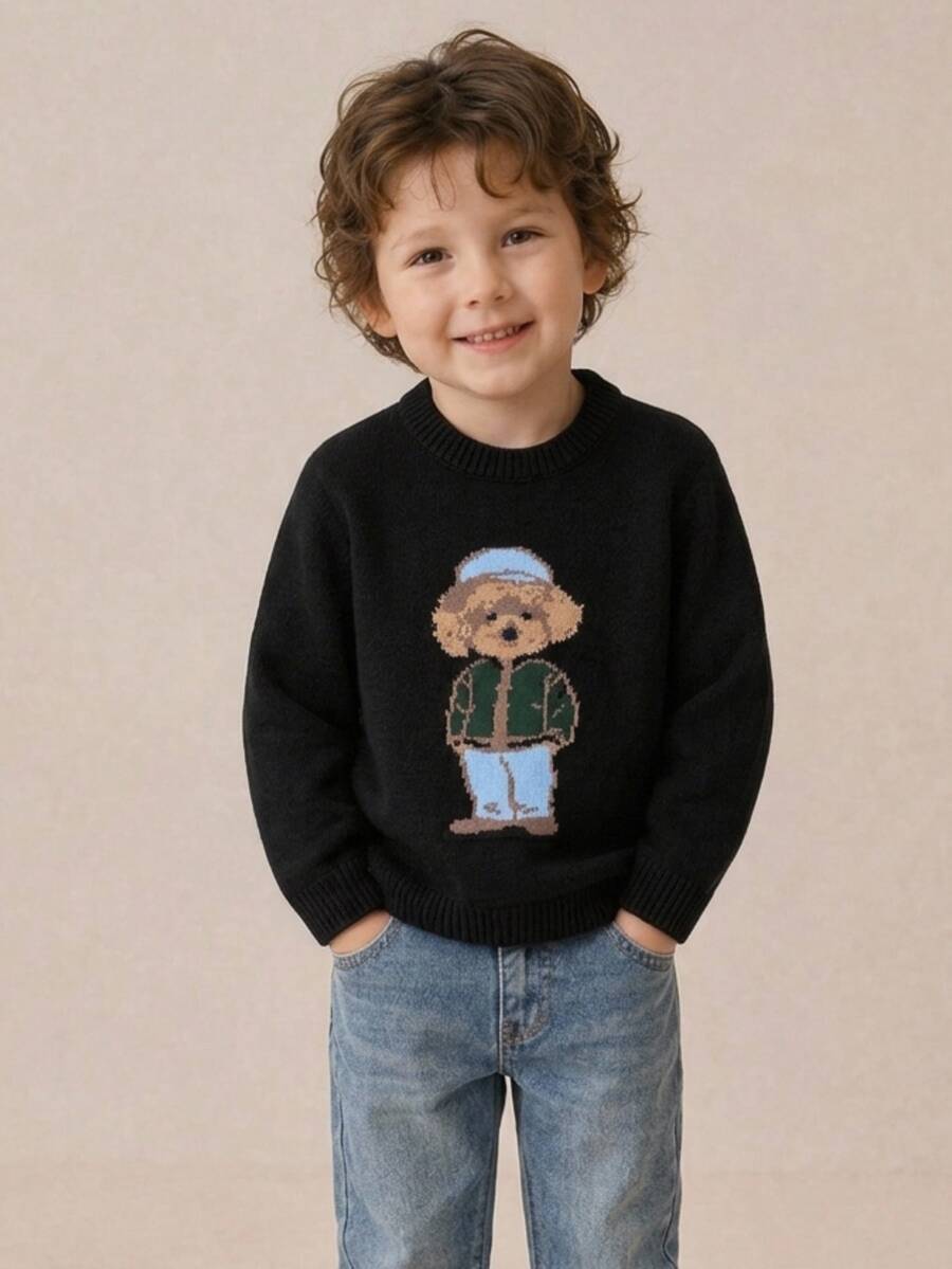 PrepCrw Young Boys Casual Bear Pattern Sweater, Autumn/Winter Fall - Black - View 1