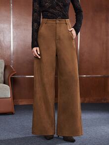 Anewsta Women's Wide Leg Loose Suede Fleece Thickened Long Pants With Pockets - Camel - View 7