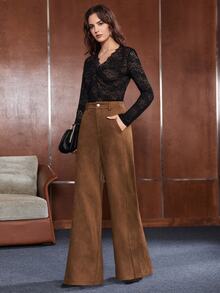 Anewsta Women's Wide Leg Loose Suede Fleece Thickened Long Pants With Pockets - Camel - View 4