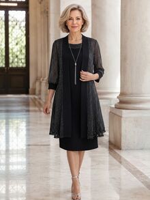 EMERY ROSE 中年女性純色洋裝與開襟衫休閒優雅奶奶風套裝，黑色，適合聖誕派對、婚禮、夏季 - 黑色 - 查看 5