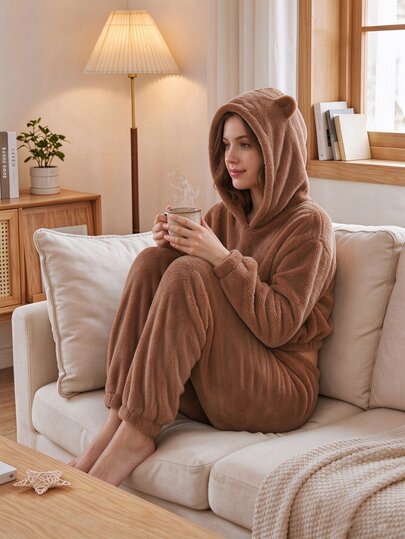SHEIN Teen Girls Cute Bear Hooded Plush Loungewear 2-Piece Set, Crop Top, High-Waist Elastic Wide-Leg Long Pants, Loose Fit, Dinner, Autumn Chocolate Brown