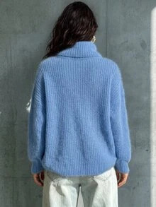 Balvessa 女款秋季高領落肩寬鬆短版長袖針織毛衣，羅紋袖口，休閒復古日常通勤早午餐穿搭，矢車菊藍 - 藍色 - 查看 2