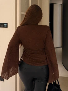 Vibekara Plus Size Cowl Neck Draped Neck Elegant Vintage Cute Textured Jacquard Knit French Minimalist Long Sleeve Flared Sleeve Asymmetrical Design Ruched Fitted T-Shirt - Brown - View 2