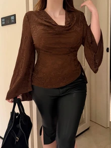 Vibekara Plus Size Cowl Neck Draped Neck Elegant Vintage Cute Textured Jacquard Knit French Minimalist Long Sleeve Flared Sleeve Asymmetrical Design Ruched Fitted T-Shirt - Brown - View 7