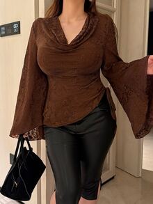 Vibekara Plus Size Cowl Neck Draped Neck Elegant Vintage Cute Textured Jacquard Knit French Minimalist Long Sleeve Flared Sleeve Asymmetrical Design Ruched Fitted T-Shirt - Brown - View 6