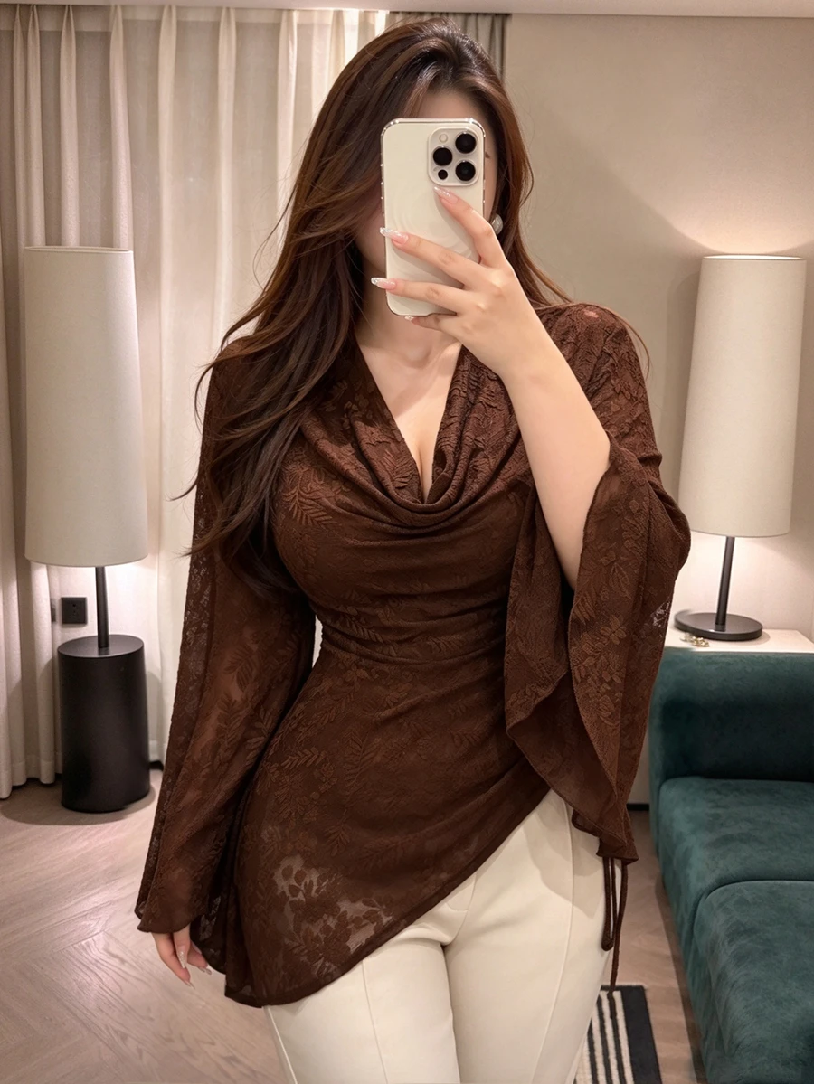 Vibekara Plus Size Cowl Neck Draped Neck Elegant Vintage Cute Textured Jacquard Knit French Minimalist Long Sleeve Flared Sleeve Asymmetrical Design Ruched Fitted T-Shirt - Brown - View 1