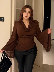 Vibekara Plus Size Cowl Neck Draped Neck Elegant Vintage Cute Textured Jacquard Knit French Minimalist Long Sleeve Flared Sleeve Asymmetrical Design Ruched Fitted T-Shirt - Brown - View 5