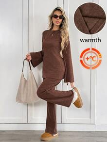 Easowa Women's Fall/Winter Sets Fashion Casual Solid Color Round Neck Long Sleeve Top Pants Two Pieces Set Lounge Coffee Brown Warm Fabric - Brown - View 1