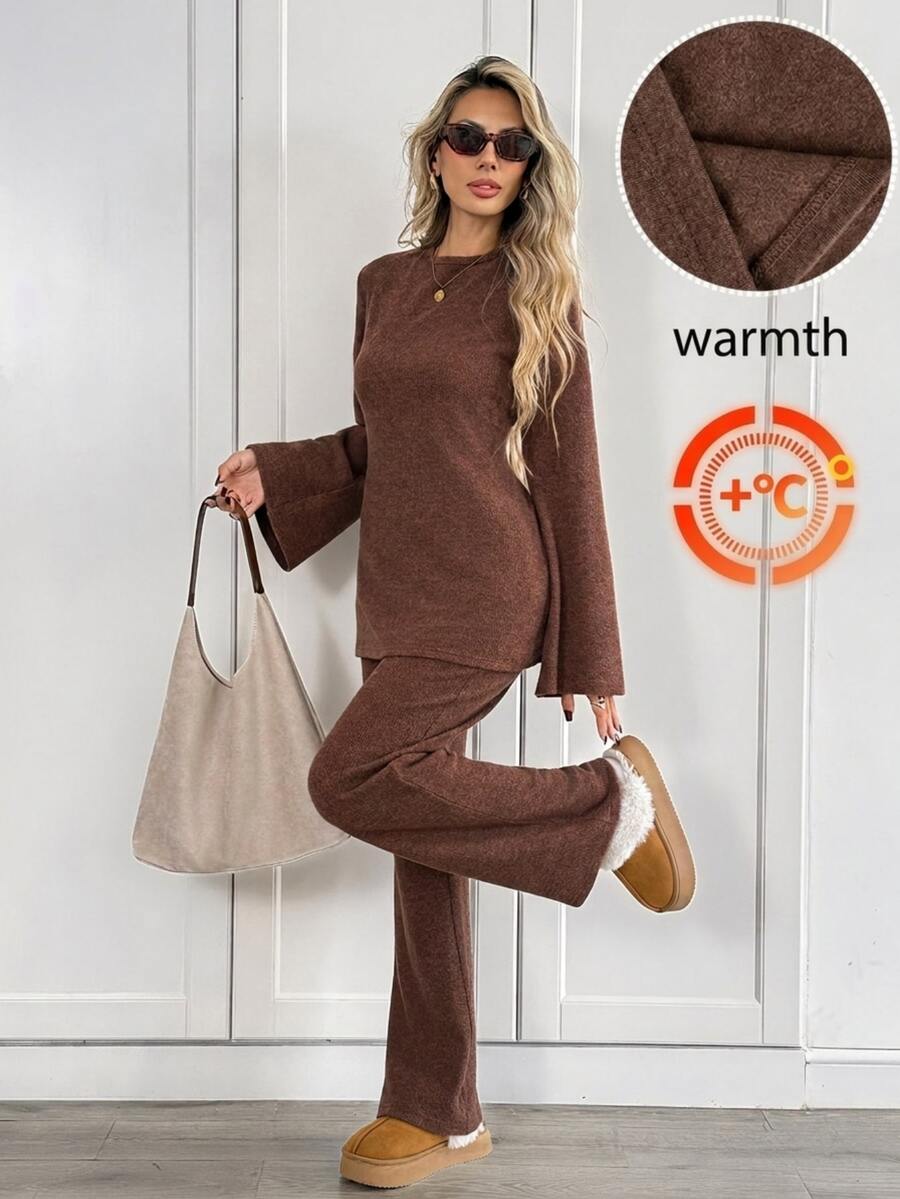 Easowa Women's Fall/Winter Sets Fashion Casual Solid Color Round Neck Long Sleeve Top Pants Two Pieces Set Lounge Coffee Brown Warm Fabric - Brown - View 1