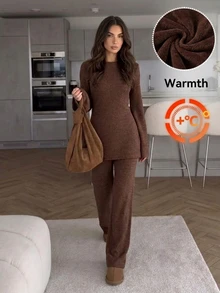 Easowa Women's Fall/Winter Sets Fashion Casual Solid Color Round Neck Long Sleeve Top Pants Two Pieces Set Lounge Coffee Brown Warm Fabric - Brown - View 2