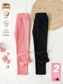 SHEIN Girls' Leggings 2Pcs Set Autumn & Winter Base Pants, Simple Casual Style For Daily Wear - Multicolor - View 4