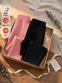 SHEIN Girls' Leggings 2Pcs Set Autumn & Winter Base Pants, Simple Casual Style For Daily Wear - Multicolor - View 2