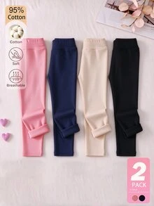 SHEIN Girls' Leggings 2Pcs Set Autumn & Winter Base Pants, Simple Casual Style For Daily Wear - Multicolor - View 3