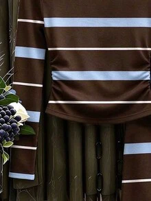 SHEIN (1 Set) Tween Girls Autumn Casual Fashion Blue & Brown Horizontal Striped Pattern Ruched Waist Long Sleeve T-Shirt & Wide Leg Pants - Multicolor - View 7