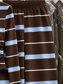 SHEIN (1 Set) Tween Girls Autumn Casual Fashion Blue & Brown Horizontal Striped Pattern Ruched Waist Long Sleeve T-Shirt & Wide Leg Pants - Multicolor - View 5