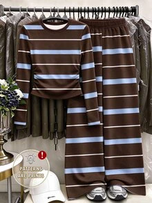 SHEIN (1 Set) Tween Girls Autumn Casual Fashion Blue & Brown Horizontal Striped Pattern Ruched Waist Long Sleeve T-Shirt & Wide Leg Pants - Multicolor - View 4