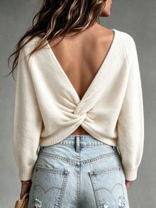 SHEIN 女款秋冬打結軟綿常規休閒寬鬆純色套頭毛衣，商務辦公穿搭，都市教師專業造型 - 米色 - 查看 3