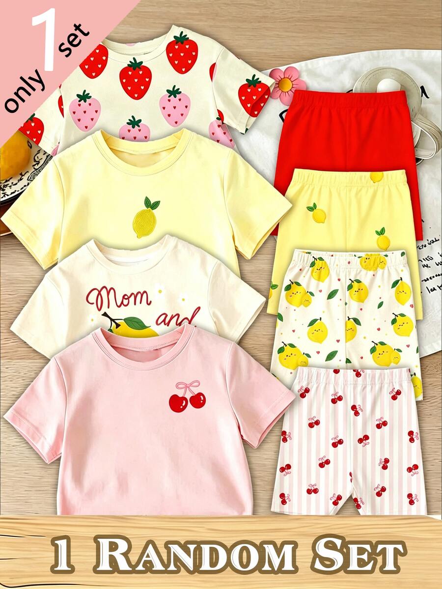 SHEIN طقم ملابس أساسي للبنات بتصميم عشوائي لطيف ومنعش بنقشة الليمون والفراولة والكرز، تي شيرت قصير وبنطال دراجات، 1 طقم فقط