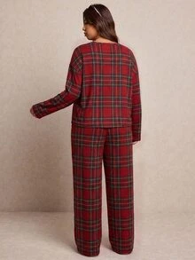 Melodosi 新年聖誕大尺碼女款休閒居家服－紅色冬季舒適家居套裝，格紋上衣與長褲，適合春秋穿著 - 紅色 - 查看 4