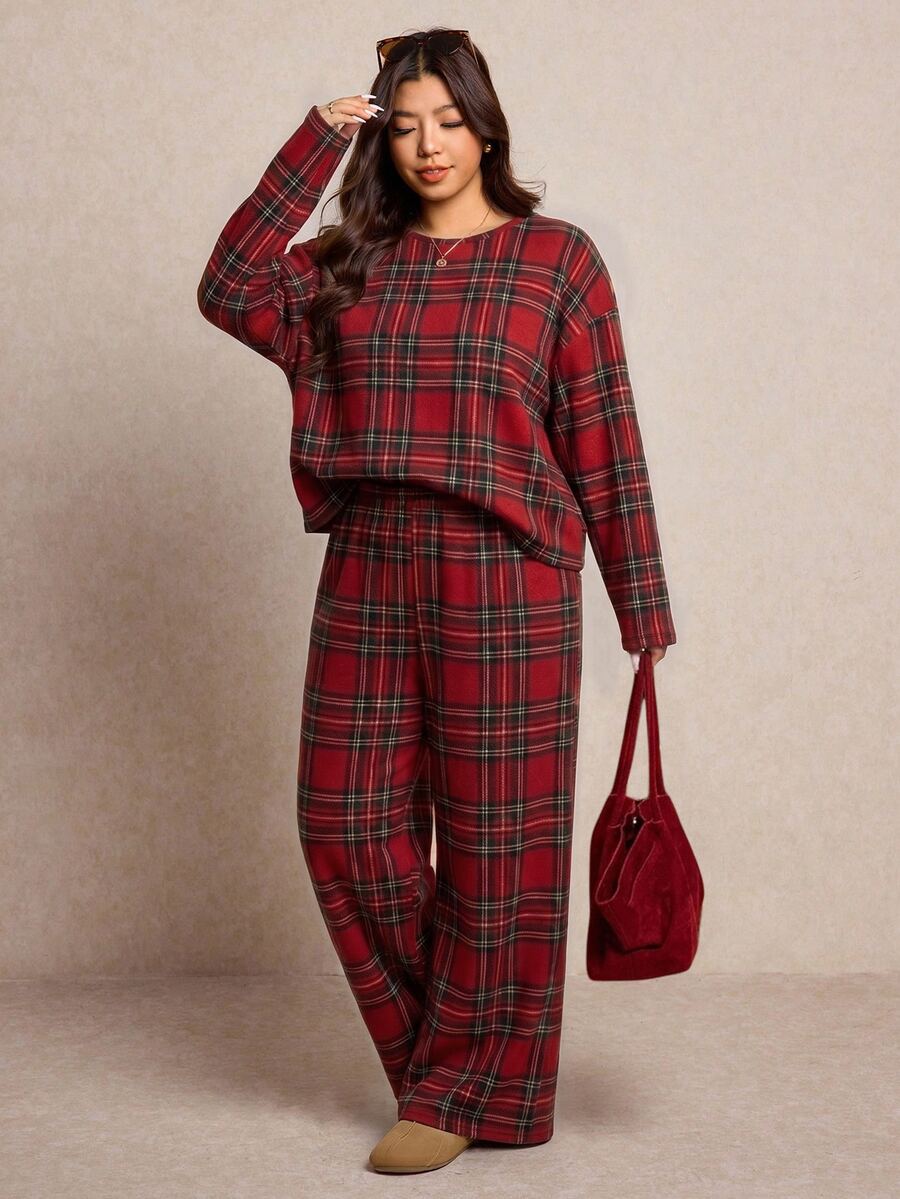 Melodosi New Year, Christmas Plus Size Women's Casual Loungewear - Red Winter Comfortable Home Set, Plaid Pattern Top And Pants, Suitable For Spring And Autumn Wear - Red - View 1