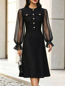SHEIN Women's Mesh Patchwork Casual Elegant Smart Party Office Dinner Long Dress Black Fall - Black - View 3