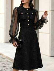 SHEIN Women's Mesh Patchwork Casual Elegant Smart Party Office Dinner Long Dress Black Fall - Black - View 7