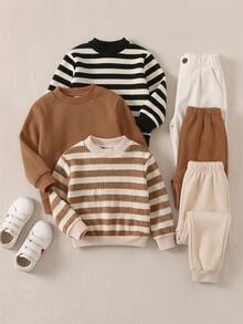 SHEIN Setelan Anak Laki-Laki 3 Potong Musim Gugur Musim Dingin Kasual Dasar Bergaris dan Polos, Sweater Leher Bulat Tanpa Celana - MultiWarna - View 1
