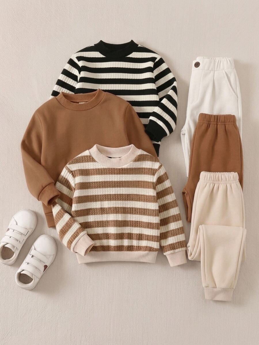 SHEIN Setelan Anak Laki-Laki 3 Potong Musim Gugur Musim Dingin Kasual Dasar Bergaris dan Polos, Sweater Leher Bulat Tanpa Celana - MultiWarna - View 1