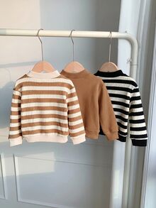 SHEIN Setelan Anak Laki-Laki 3 Potong Musim Gugur Musim Dingin Kasual Dasar Bergaris dan Polos, Sweater Leher Bulat Tanpa Celana - MultiWarna - View 2