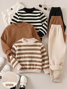SHEIN Setelan Anak Laki-Laki 3 Potong Musim Gugur Musim Dingin Kasual Dasar Bergaris dan Polos, Sweater Leher Bulat Tanpa Celana - MultiWarna - View 5