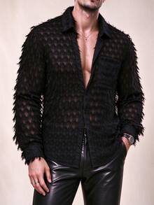 Manfinity AFTRDRK Men's Tassel Mesh Button Long Sleeve Shirt - Black - View 1