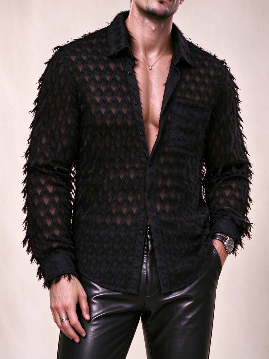 Manfinity AFTRDRK Men's Tassel Mesh Button Long Sleeve Shirt - Black - View 1