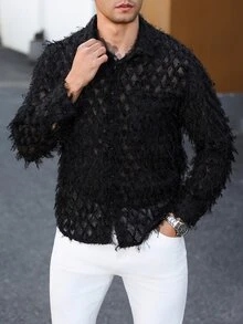 Manfinity AFTRDRK Men's Tassel Mesh Button Long Sleeve Shirt - Black - View 4