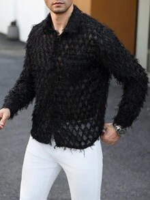 Manfinity AFTRDRK Men's Tassel Mesh Button Long Sleeve Shirt - Black - View 5