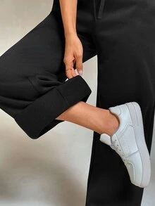Vivamere Women's Solid Color Waist Tie Pocket Loose Sweatpants - Black - View 5