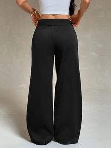 Vivamere Women's Solid Color Waist Tie Pocket Loose Sweatpants - Black - View 2