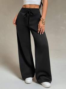 Vivamere Women's Solid Color Waist Tie Pocket Loose Sweatpants - Black - View 4