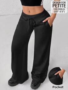 Vivamere Women's Solid Color Waist Tie Pocket Loose Sweatpants - Black - View 1