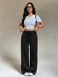 Vivamere Women's Solid Color Waist Tie Pocket Loose Sweatpants - Black - View 7