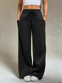 Vivamere Women's Solid Color Waist Tie Pocket Loose Sweatpants - Black - View 6