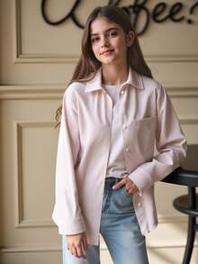 SHEIN Tween Girls Fall Tops Fall Loose Striped Lapel Shirt, Button Down Long Sleeve Casual Blouse With Chest Pocket - Apricot - View 2