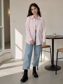 SHEIN Tween Girls Fall Tops Fall Loose Striped Lapel Shirt, Button Down Long Sleeve Casual Blouse With Chest Pocket - Apricot - View 3