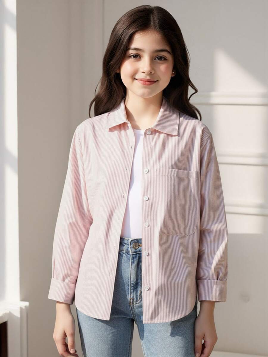 SHEIN Tween Girls Fall Tops Fall Loose Striped Lapel Shirt, Button Down Long Sleeve Casual Blouse With Chest Pocket - Apricot - View 1