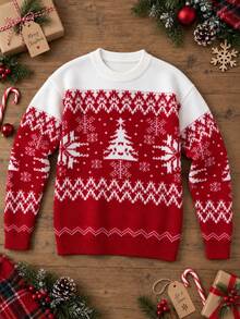Manfinity Homme Men's Autumn/Winter Christmas Tree Pattern Crew Neck Long Sleeve Casual Sweater Couple's Style , Old Money - Multicolor - View 3