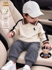 SHEIN Baby Boys Fall Colorblock Patchwork Modest Unicorn Horse Print POLO Long Sleeve Sweatshirt Vacation Matching Family Beige Basketball Dark Grey - Apricot - View 3