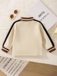 SHEIN Baby Boys Fall Colorblock Patchwork Modest Unicorn Horse Print POLO Long Sleeve Sweatshirt Vacation Matching Family Beige Basketball Dark Grey - Apricot - View 5