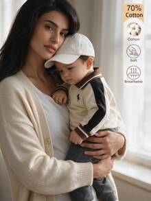 SHEIN Baby Boys Fall Colorblock Patchwork Modest Unicorn Horse Print POLO Long Sleeve Sweatshirt Vacation Matching Family Beige Basketball Dark Grey - Apricot - View 2