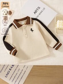 SHEIN Baby Boys Fall Colorblock Patchwork Modest Unicorn Horse Print POLO Long Sleeve Sweatshirt Vacation Matching Family Beige Basketball Dark Grey - Apricot - View 6