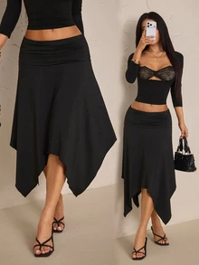 SHEIN PETITE Stylish Black Ruched Asymmetric Hem Skirt For Petite Women – Ideal For Commuting - Black - View 4